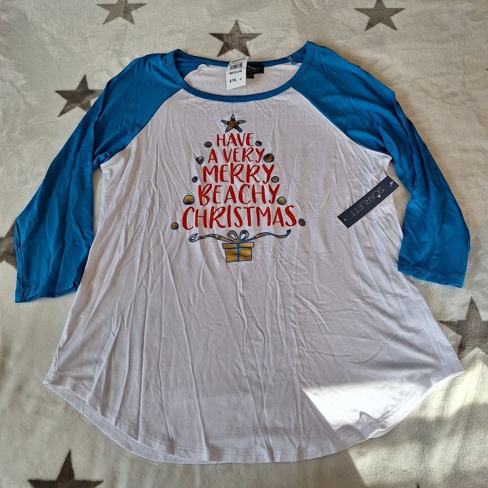 Womens Raglan Top Size M Have A Very‎ Merry Beachy Christmas NWT Family Pictures